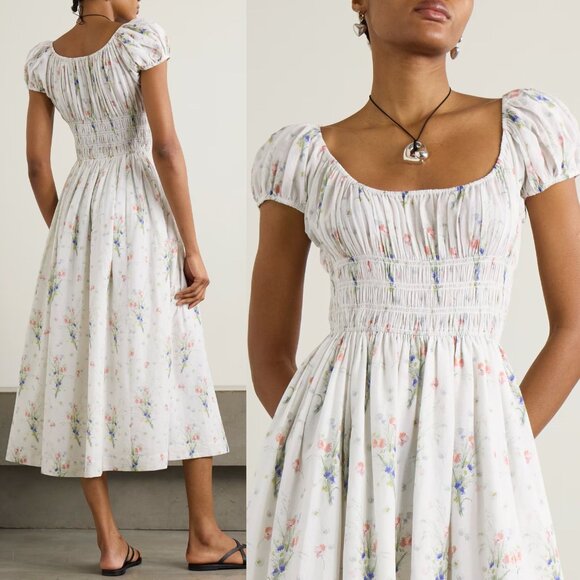 Doen Dresses & Skirts - Doen Quinley Midi Dress Painted Bouquet White Floral Puff Sleeve Size XXS